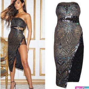 PrettyLittleThing Black Glitter Lace Detail Bandeau Midi Dress NWT Miami Style